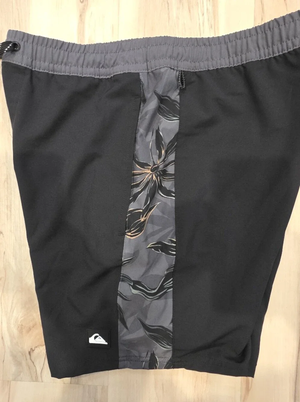 Quiksilver Black Swim Trunks with Gray Floral Side Panels